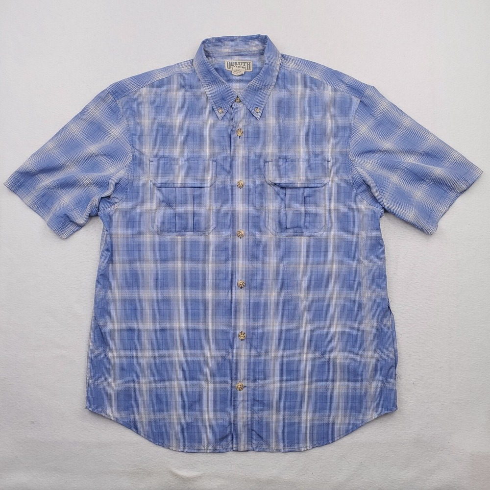 Duluth Trading Shirt Mens Large Blue Armachillo Plaid Tartan Cooling Button Down